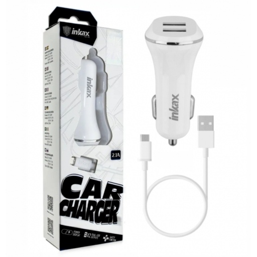 Cargador para auto Inkax dual USB con cable Lightning 2.1A blanco