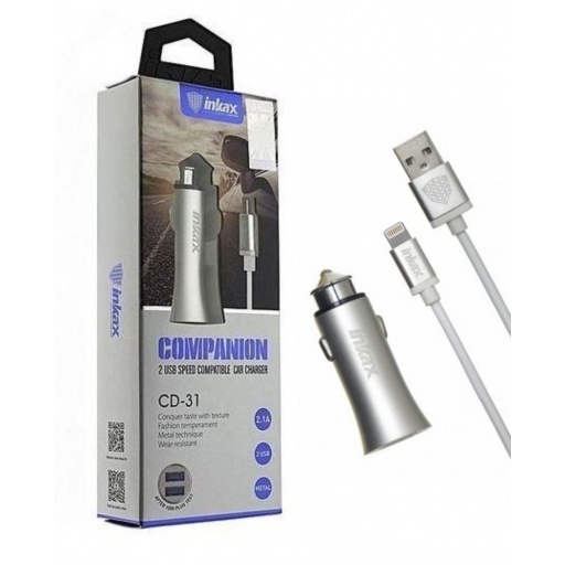 Cargador Auto Dual Inkax Silver con Cable iPhone 2.1A